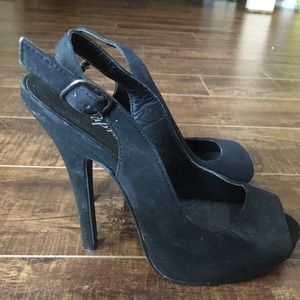 Black velvet strap peep-toe stiletto heels